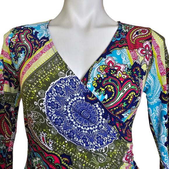 New York and Company Dress Womens XS Multicolor Paisley Faux Wrap Long Sleeves - Picture 5 of 14